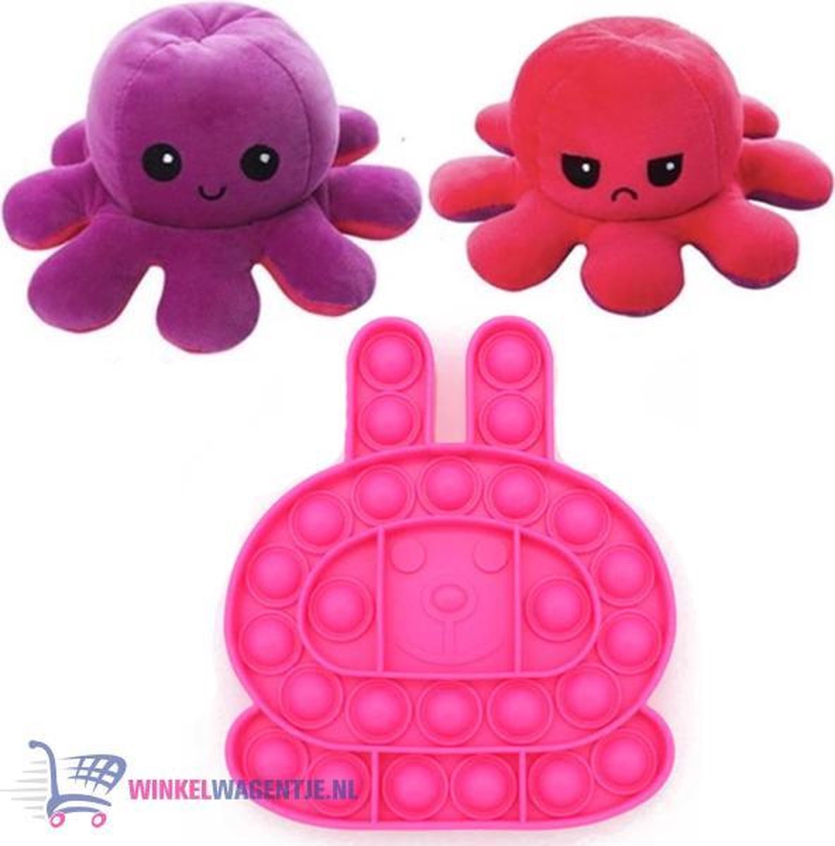 Pop It Fidget Toy (Roze Konijn) + Octopus Mood Knuffel (Paars/Rood) | pop it fidget toy goedkoop, fidget toy, fidget toys pakket, fidget toys pop it, fidget toys stressbal, speelgoed voor kinderen, TikTok